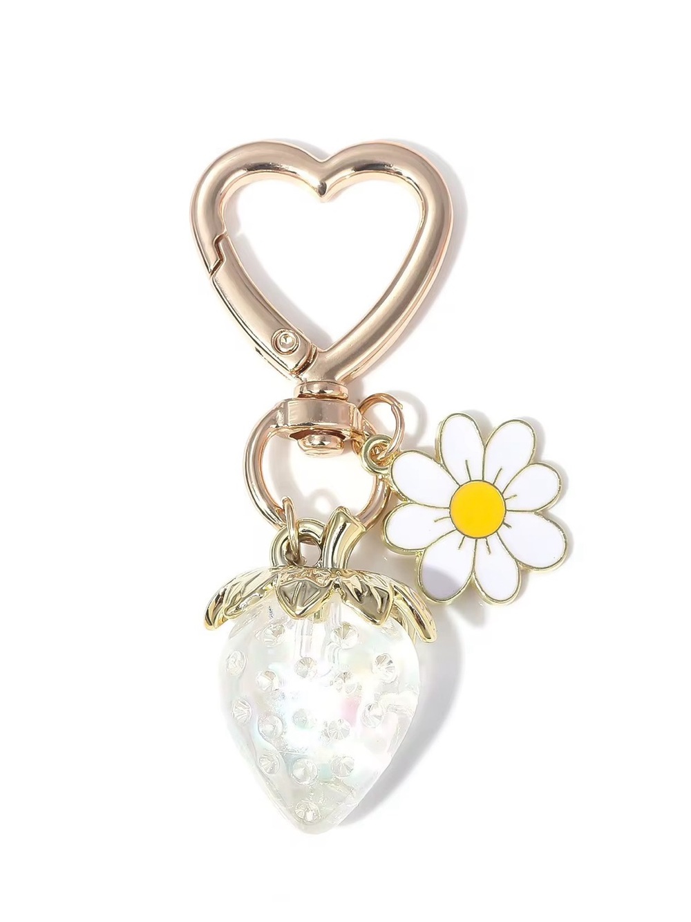 Gold Heart Clip Iridescent Strawberry & Daisy Charm
